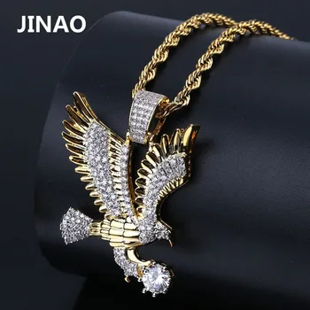 

JINAO Men Fashion Iced Out Gold Color Plated Animal Eagle Wing Charm Pendant Necklace Micro Pave Zircon Hip Hop Jewelry