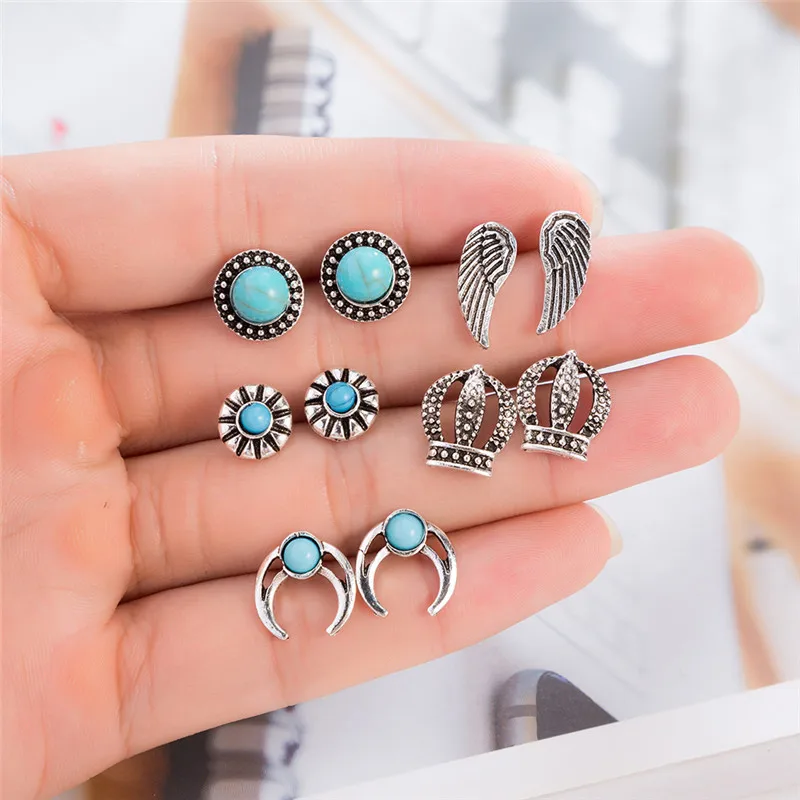 

5 Pairs/set Vintage Opal Stone Round Crescent Flower Pattern Stud Earrings Antique Silver Crown Angel Wing Piecing Earring Sets