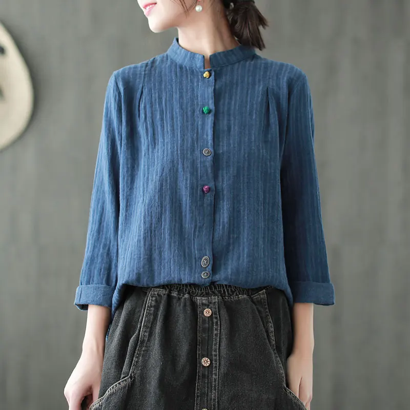

Johnature Striped Shirts Vintage Women Tops Linen Chinese Style Spring Blouses Long Sleeve Stand Casual 2019 New Women Cloths