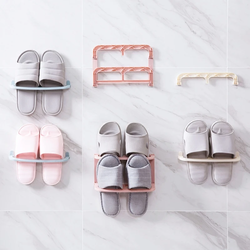 

Wall-mounted collapsible shoe rack simple paste three-dimensional slippers rack PP material single / double bathroom living room