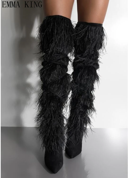 

Fur Feather Cover Flock Knee high boots women Poined Toe Tassel High heels Leather Motorcycle Boots Runway Winter Shoes Woman