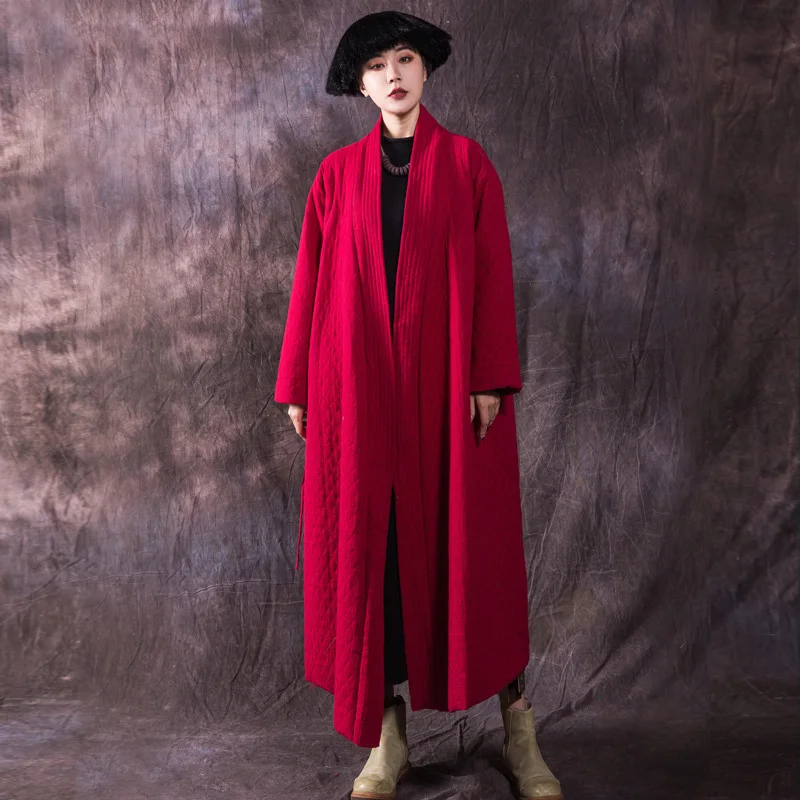 Johnature, Женская парка с поясом, винтажное хлопковое льняное пальто, китайский стиль, Осень-зима, женская одежда, новинка, пальто с длинным рукавом и v-образным вырезом - Цвет: Красный