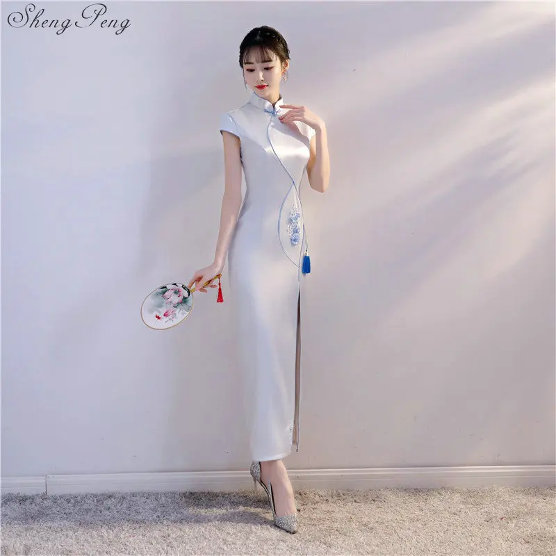 2018 высокое качество белый китайское традиционное платье длинные Qipao традиционный Cheongsam Qipao Q279
