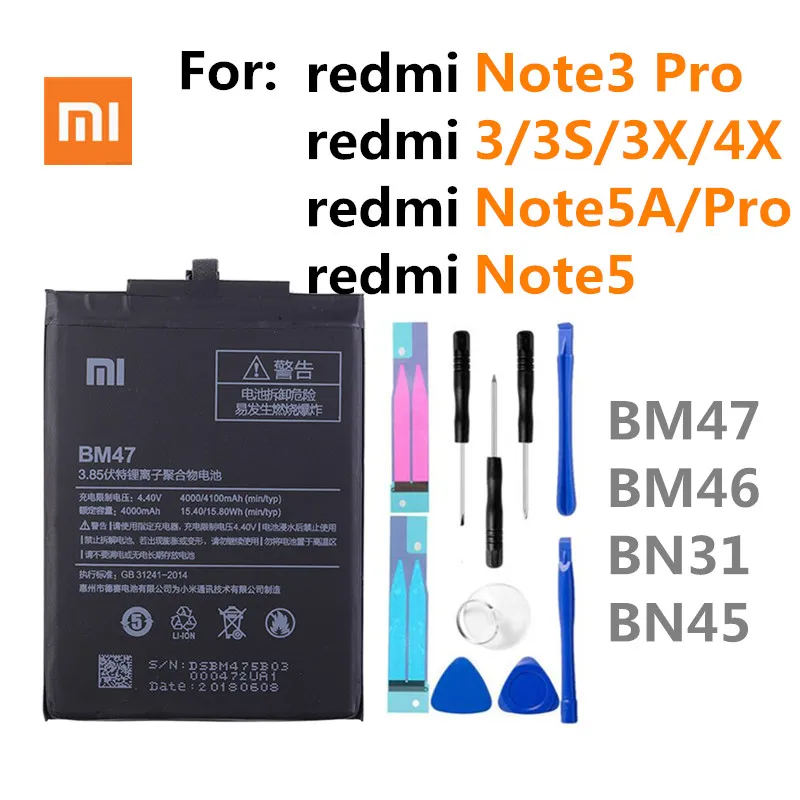 

Original Xiao Mi Phone Battery BM47 For Xiaomi Redmi 3 3S 3X 4X 3 pro Note 3 5 5A Pro Mi 5X BM46 BN31 BN45 Replacement Batteries