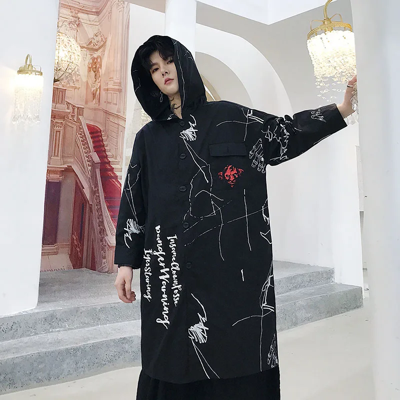 

Men Fashion Black Punk Gothic Streetwear Hip Hop Hooded Long Shirt Male Bat Sleeve Loose Casual Print Robe Shirts