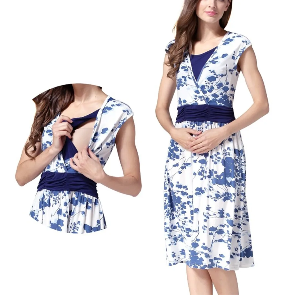 Женское многослойное платье без рукавов с цветочным принтом для кормящих мам, платье для грудного вскармливания, одежда Robe Grossesse