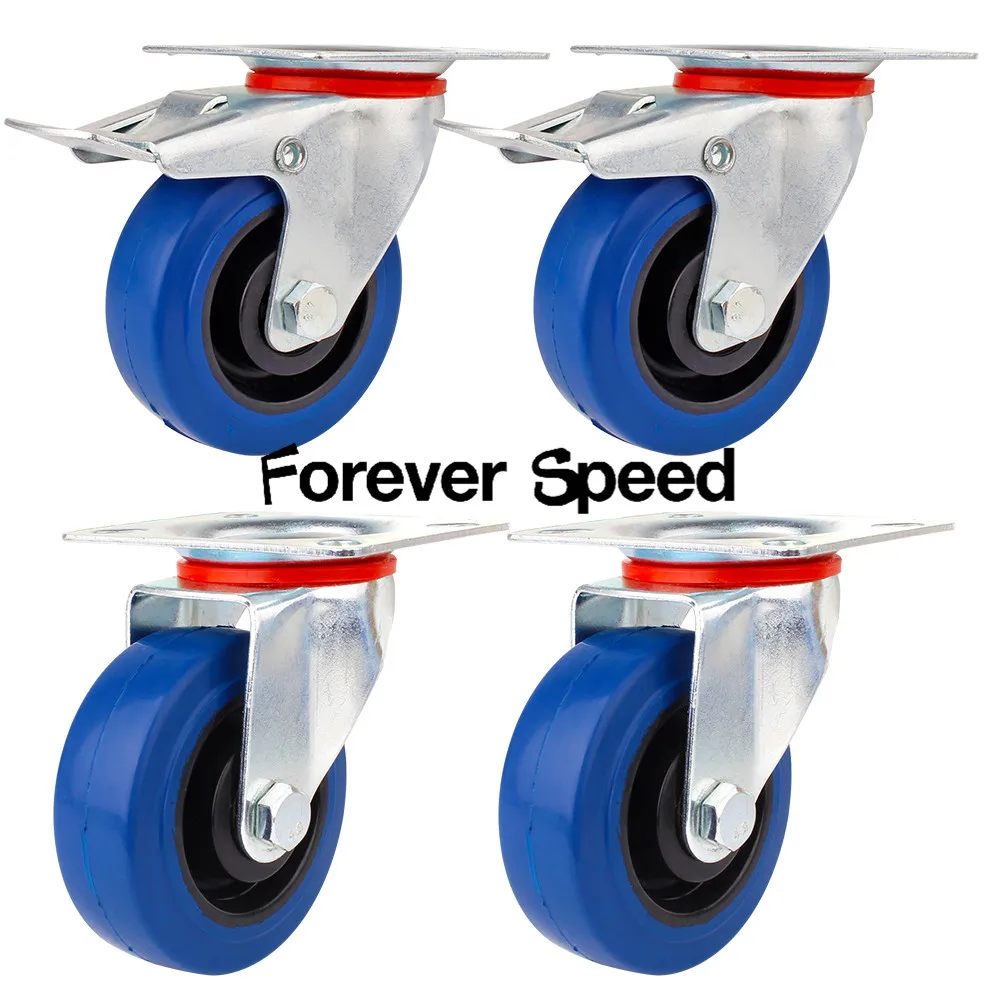 

100Mm Caster Wheel Furniture Heavy Duty Castors Office Chair Swivel Rubber 4Pcs Blue Caster Wheels 2 Brake Replacement Wholesale