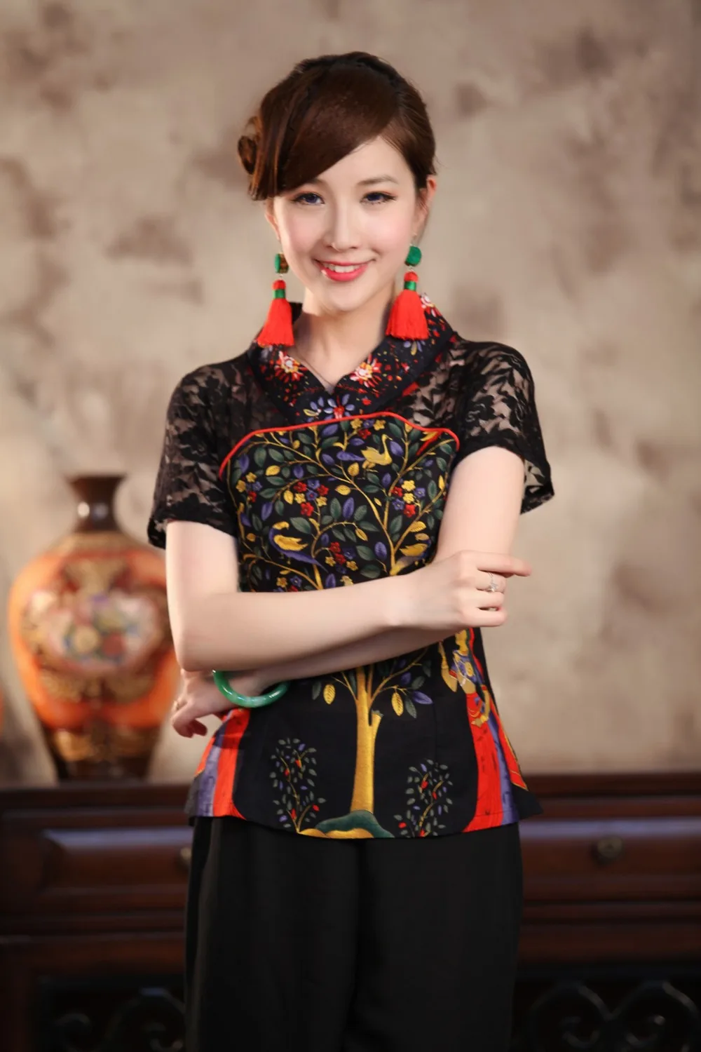 Sexy Black Lace Summer Women Shirt Top Chinese Style Cotton Linen Blouse Tradition Flower Clothing S M L XL XXL XXXL TS001 2