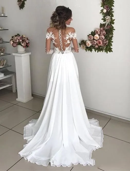 Robe De Mariage, длинные рукава, кружева, бохо, свадебные платья,, круглый вырез, открытая спина, Пляжное богемное шифоновое платье невесты, свадебные платья