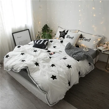 

4/6Pcs Washed Cotton Five-pointed star Bedding Set Towel embroidery Tassels Duvet cover set Bedsheet Pillowcases Queen King Size