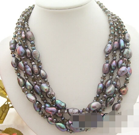 

huij 003652 5Strds Black Pearl&Smoky Quartz&Baroque Pearl Necklace