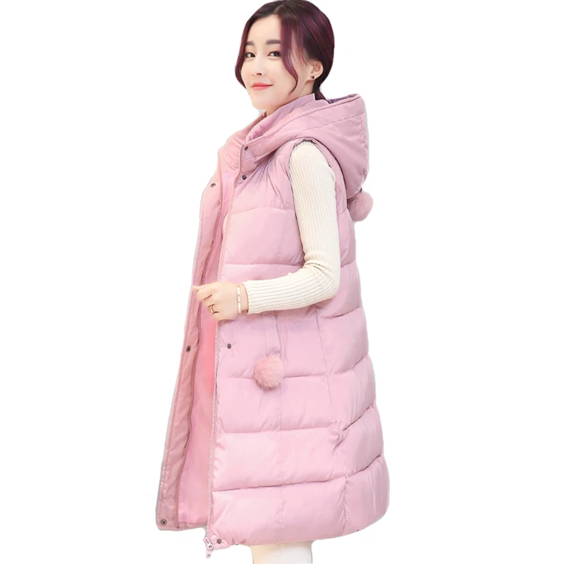 

Solid collar hooded winter women vest with fur ball long autumn cotton-padded womens waistcoat large yards colete 2017 fashion