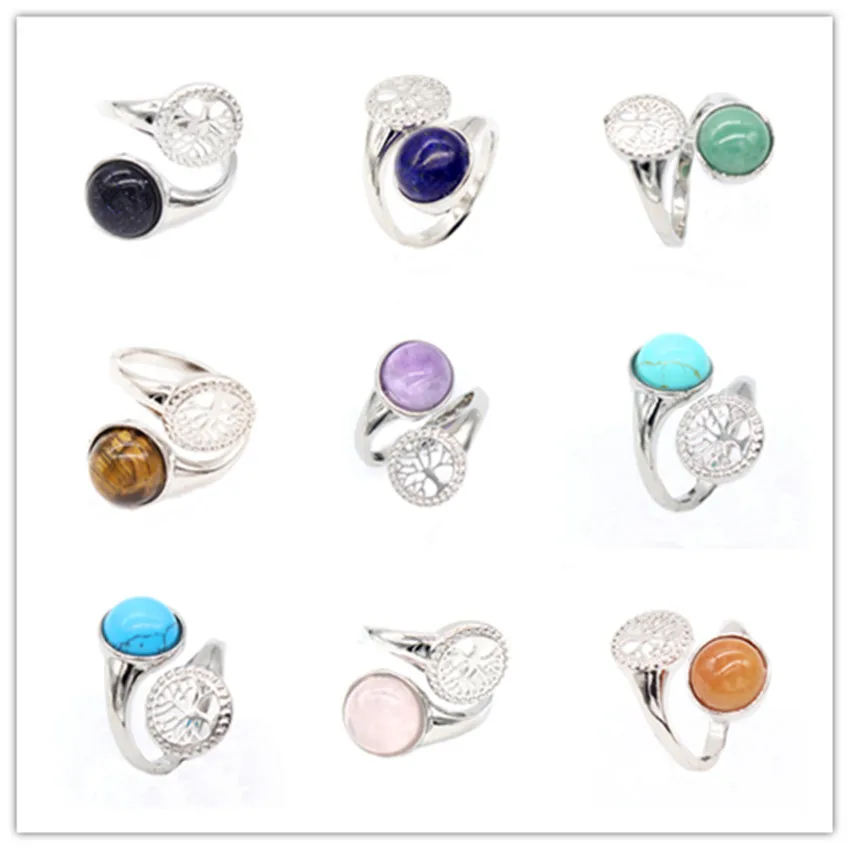 

Trendy-beads Unique Silver Plated Tree of Life Resizable Ring with Many Color Rround Quartz Stone Jewelry