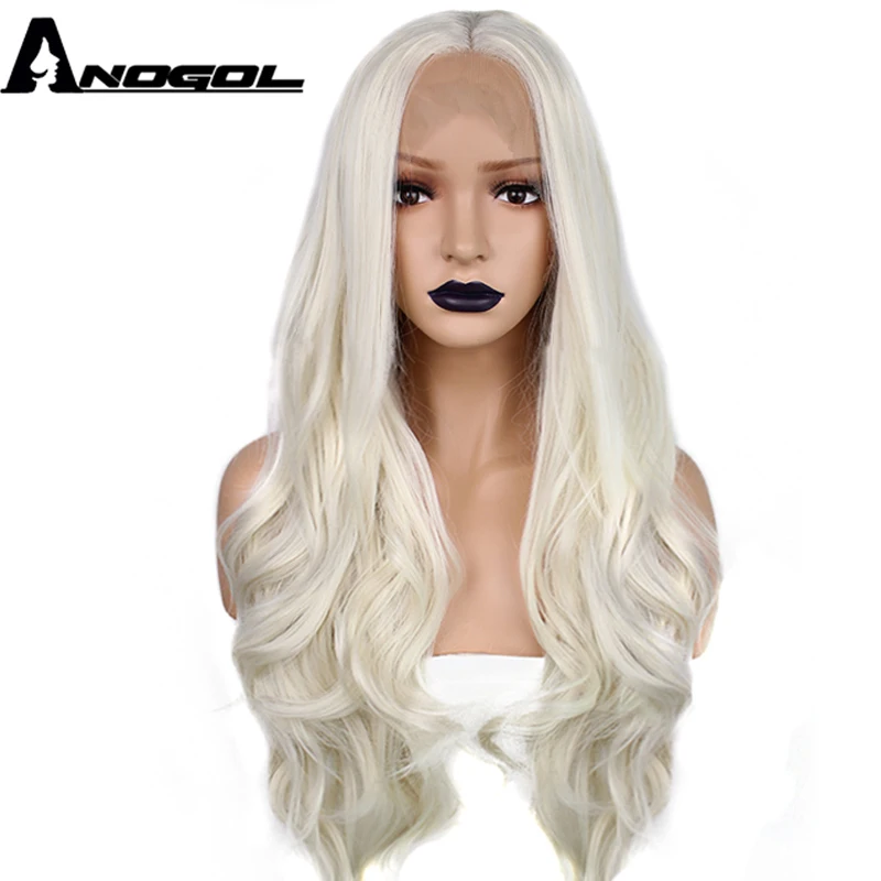

Anogol Middle Part Natural Long Body Wave Platinum Blonde High Temperature Fiber Synthetic Lace Front Wig For White Women