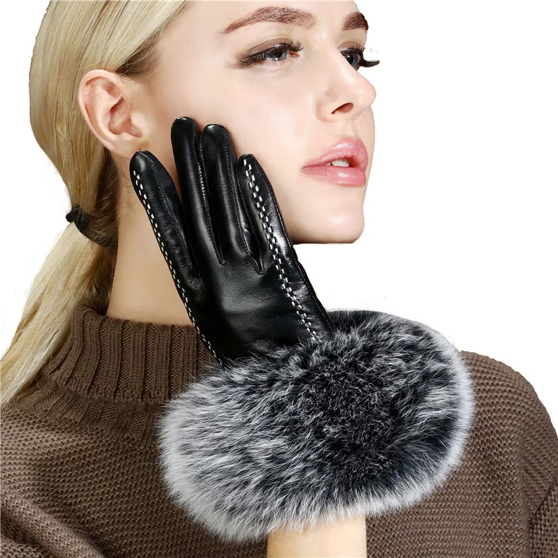 

Lady Luxury Fox Fur Sheepskin Gloves Winter Genuine Leather Full Finger Thermal Warm Outdoor Gloves Women Touch Screen Black