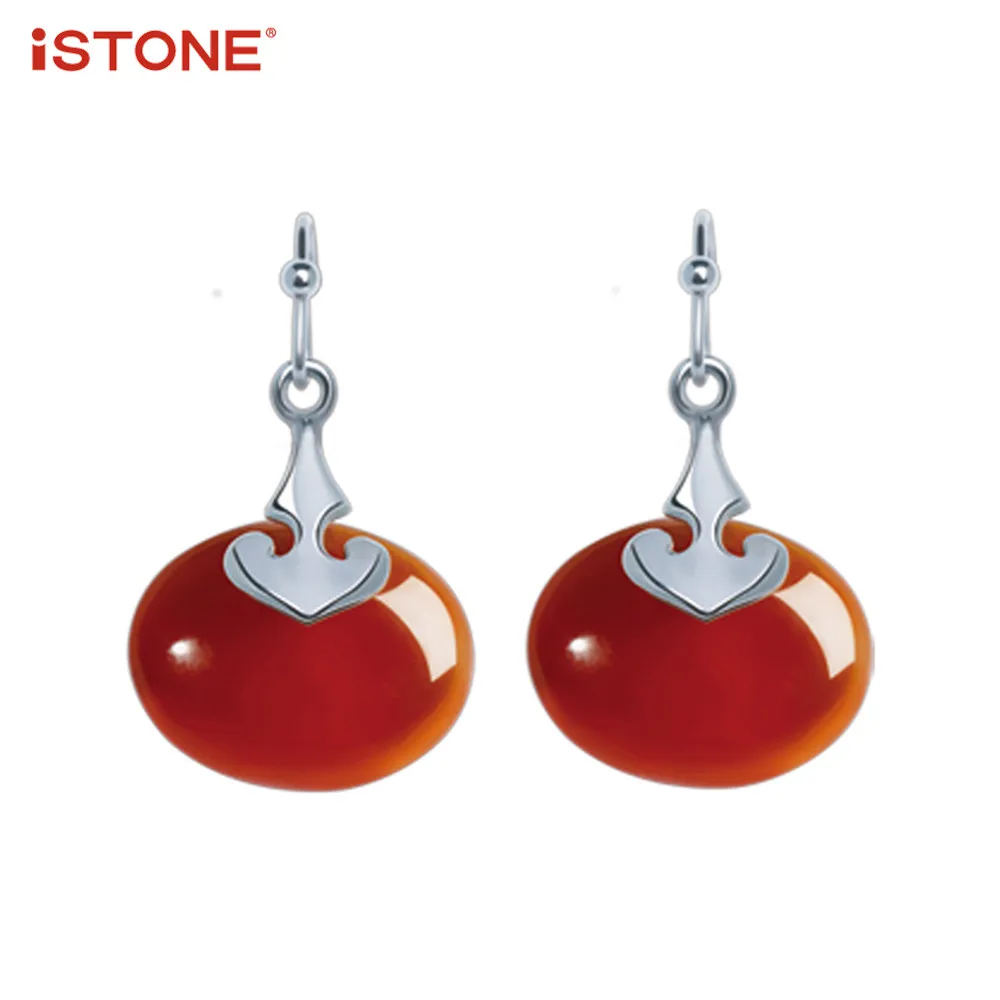 

iSTONE 100% Natural Gemstone 925 Sterling Silver Red Agate Drop Earrings Small Bell Shape Fine Jewelry Gift for Woman