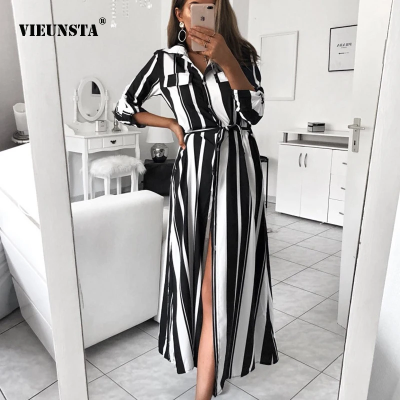 

VIEUNSTA Women Fashion Turn-Down Collar Stripe Dresses Spring Summer Long Sleeve Button Dress Lace Up Slit Maxi Dress Vestidos