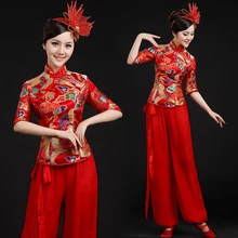 Желтый красный Древние Традиционные веер танец молодой китайский народный танец костюмы для женщин Китайский барабанщик танцевальные костюмы