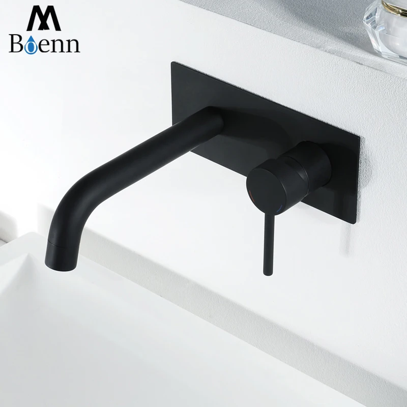 Wall Mounted Brass Basin Faucet Bathroom Black Faucets Bathroom Sink Tap Mixer Hot & Cold Water Faucet With Embedded box