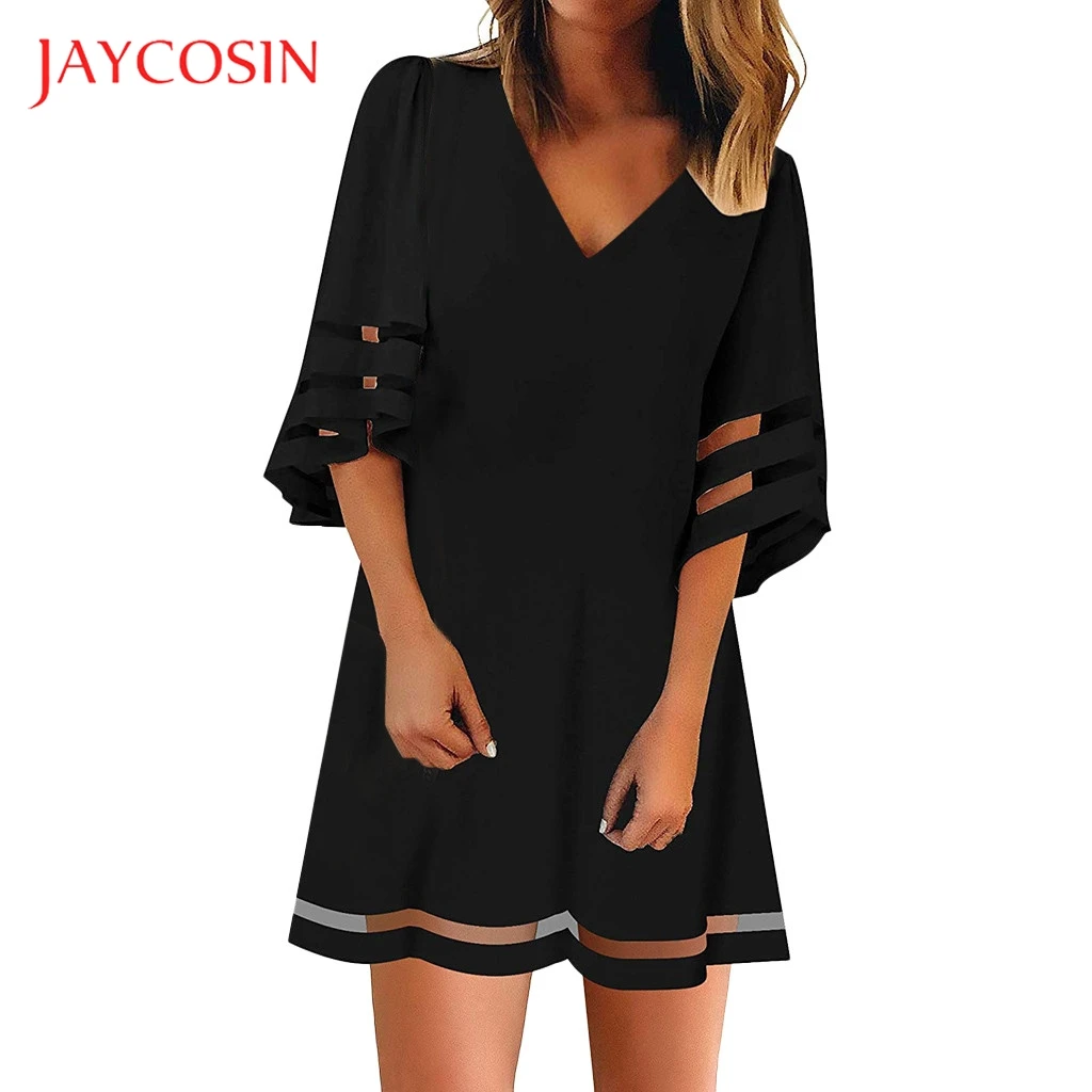 

JAYCOSIN Women V Collar Net Board Top Dress Loose Sleeve Loose Top Summer Mini Sexy Dress Hollowed Cute