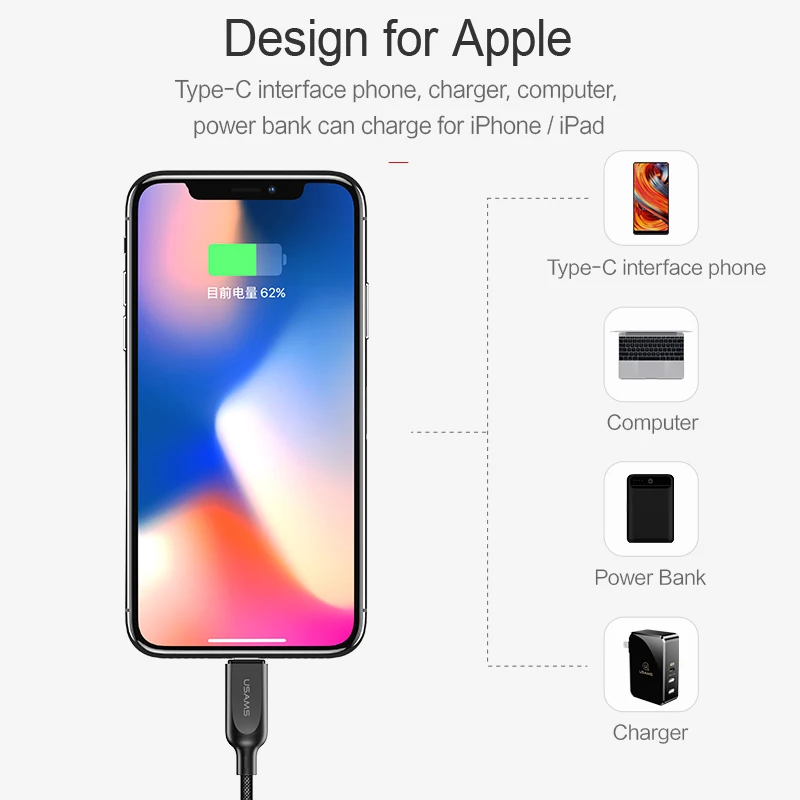 USAMS para iPhone 7 6X8 Plus 18 W tipo C para iluminación de cargador rápido de tipo de Cable- C a 8Pin Cable USB 2 en 1 de sincronización y Cable de carga
