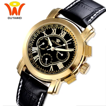 

Ouyawei Luxury Automatic Gold Self Wind Auto Date Watch Men Mechanical Black Leather Relogio Automatico Masculino Wrist Wathes