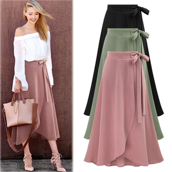 

New Ladies Autumn Spring Femme Skirts Casual Plus Size Bandage Lace Irregular Skirt Elegant Elastic Waist High Waist Fashion W