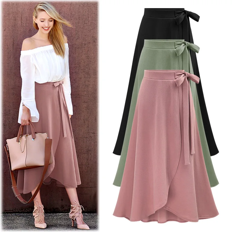 

Elegant Women's High Waist Irregular Midi Summer Skirt Solid Plus Size Asymmetrical Split Long Casual Wrap Skirt with Sashes