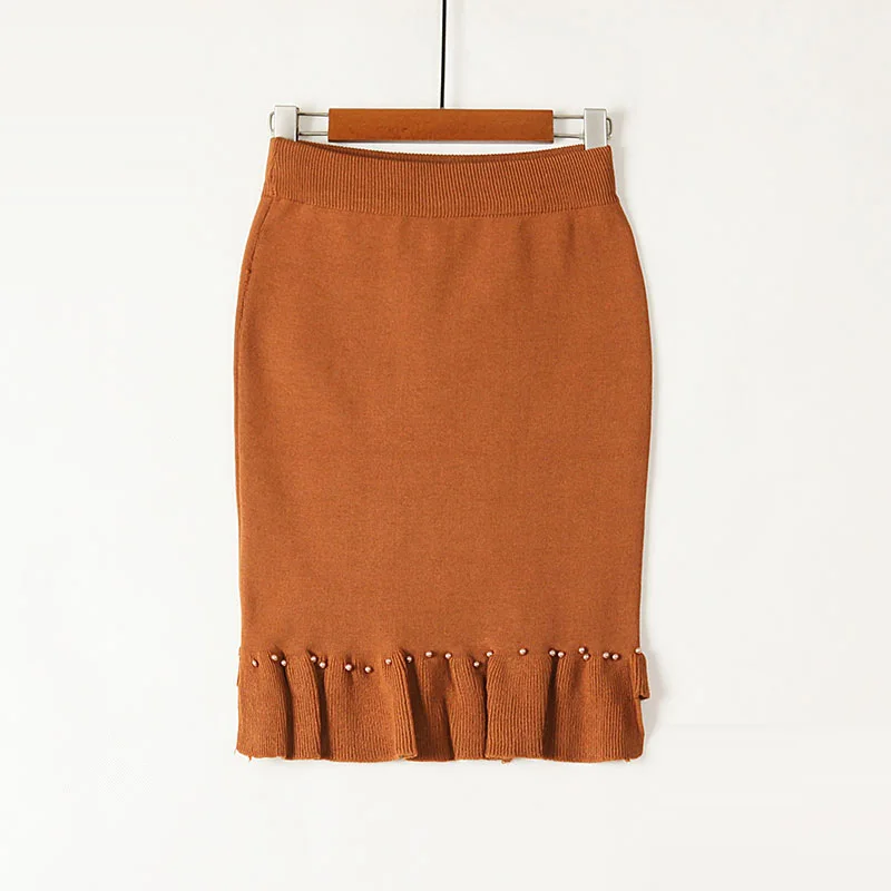 ShejoinSheenjoy Split Ruffles Hem Knitted Midi Women Skirt Beading High-Waist Autumn Winter Skirts Womens Bodycon Students Skirt (5)