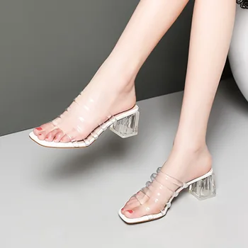 

2020 Summer 5.5CM Transparent Clear Heels White Women Sandals Block High Heels Mules Femme Shoes 11813ASH2342