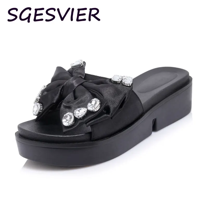 

SGESVIER Women Casual Platform Slippers Big Bowtie Rhinestone Gladiator Flip Flops Female Beach Slide Summer Shoes SandaliaFS003