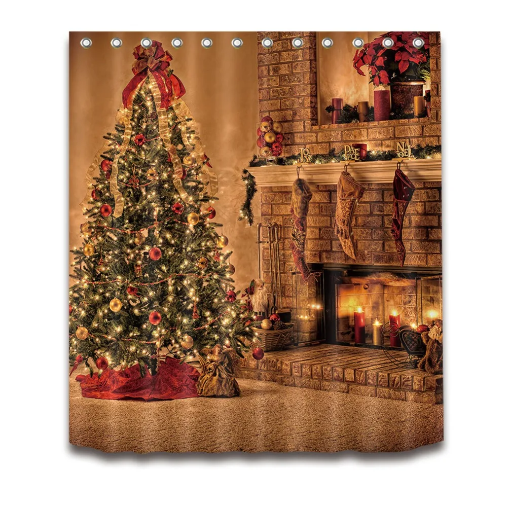 Xmas Tree Baubles Fireplace Socks Fabric Shower Curtain Set Bathroom Decor 