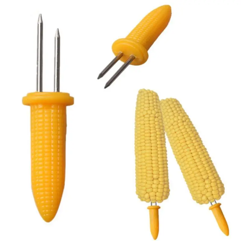 

Home Cooking Small Skewers Stainless Steel Corn Shaped Skewers for BBQ Twin Prong Sweet Corn Fruit Holder