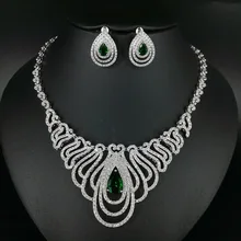 2017 new fashion luxury green water drop zircon necklace earring set,wedding bride dinner party dress jewelry free shipping