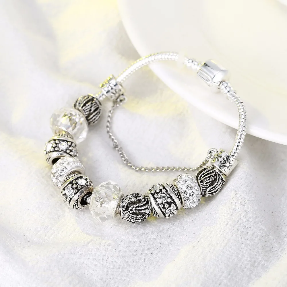 Прямая цвет серебра талисман браслет и браслет хрустальный шар белые бусины брендовый браслет для женщин ювелирный подарок