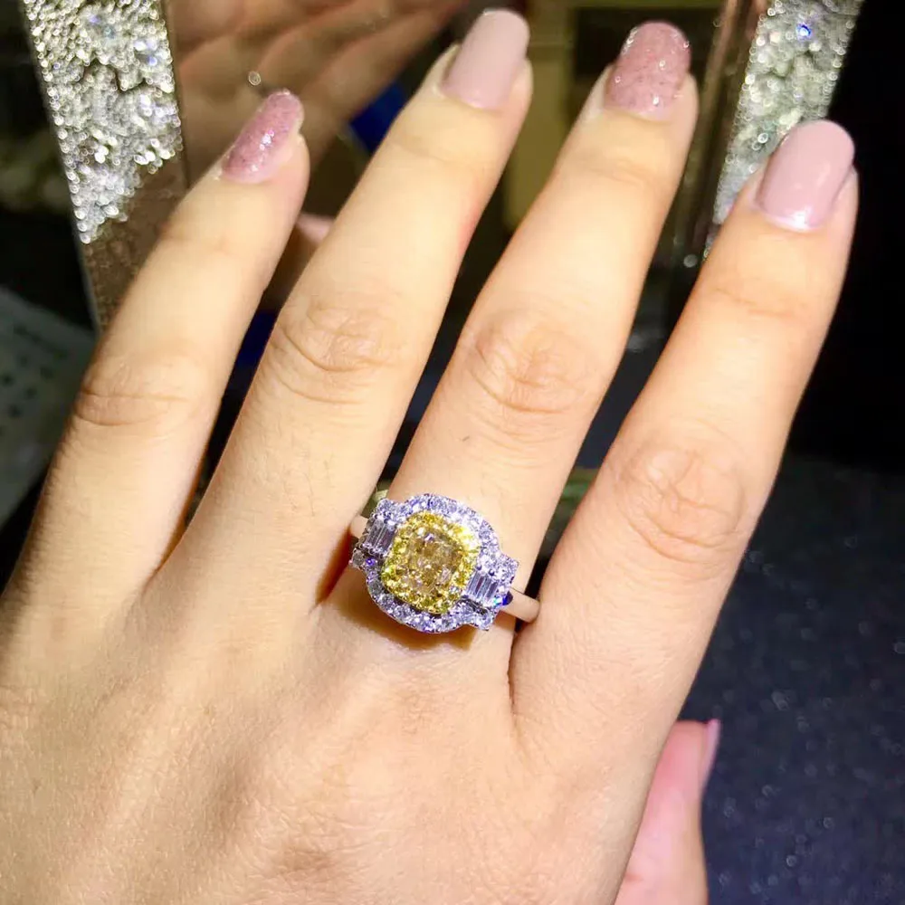 wedding engagement ring classic luxury square 18k gold diamond jewelry certificated natural Yellow diamond ring women