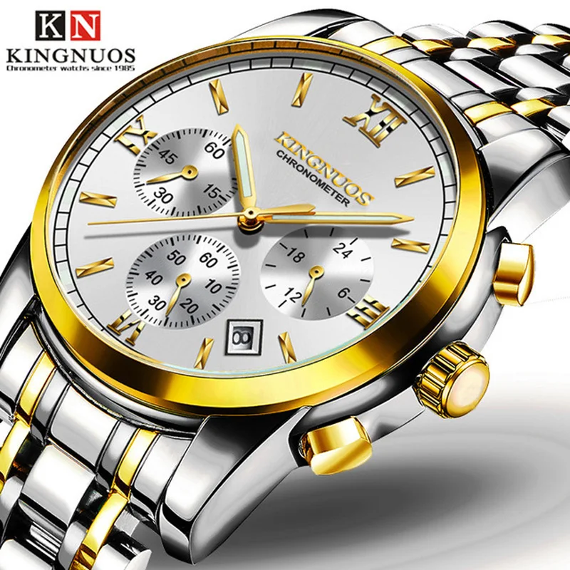 KINGNUOS Часы известных брендов Для мужчин модные Календарь Световой часы Повседневное Нержавеющая сталь Водонепроницаемый наручные часы