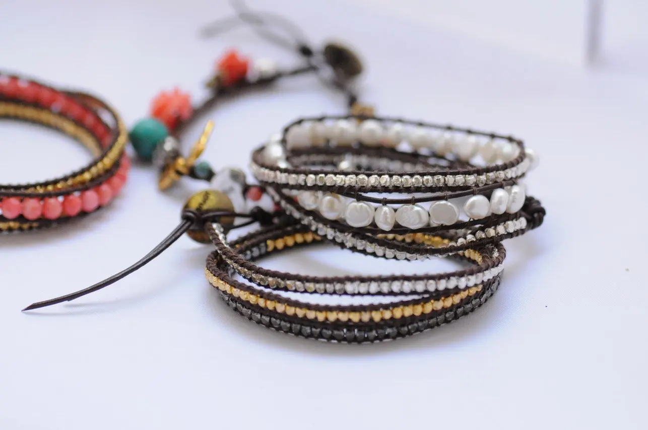 new fashion mixed stone leather wrap bracelet with wholesale and retail
