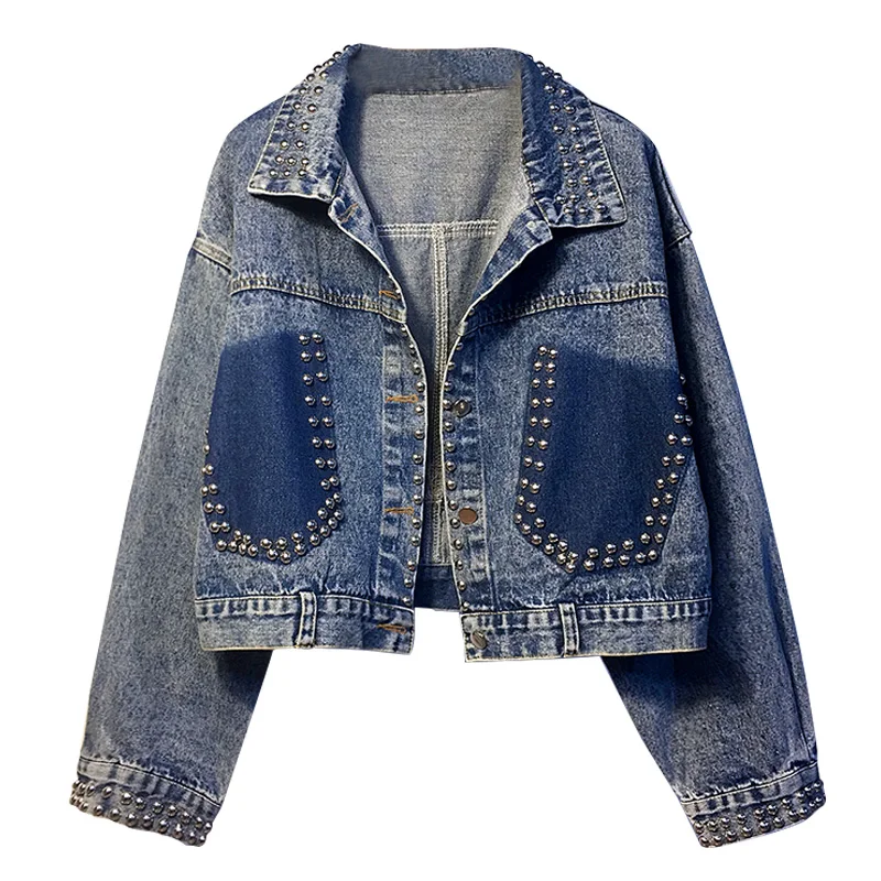 

2019 Women Jacket Coat Rivets Beading Long Sleeve Fashion Women Cropped Top Denim Jacket Top Quality Women Coat Chaqueta Mujer