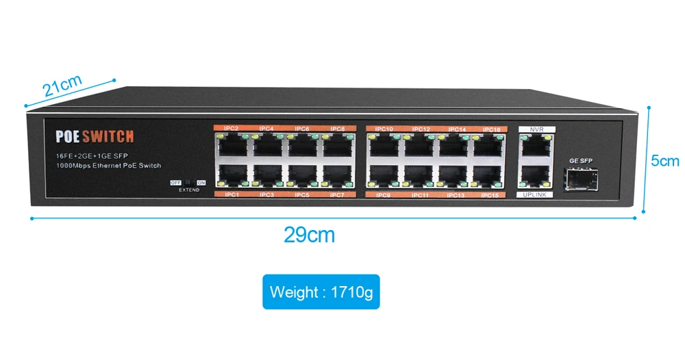 BESDER 16CH коммутатор питания через Ethernet для ip-камеры с питанием по PoE 1000 м Uplink коммутатор питания через ethernet Поддержка IEE802.3af/at с 16 порт PoE 250 м