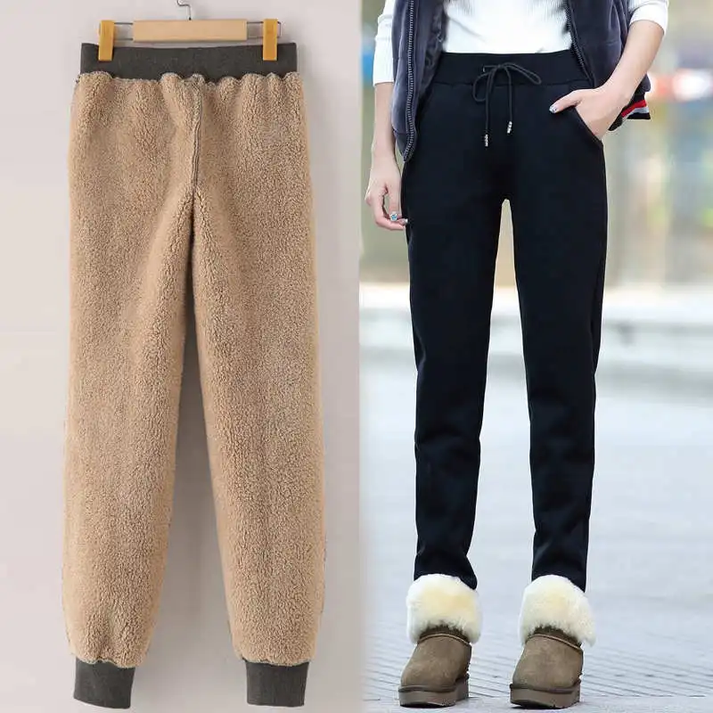 Plus Velvet Thicken Lambs Wool Trousers Women Lace Up Cotton Warm ...