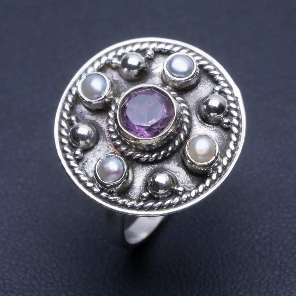 

Natural Amethyst and River Pearl 925 Sterling Silver Ring, US Size 7.75 Q2139