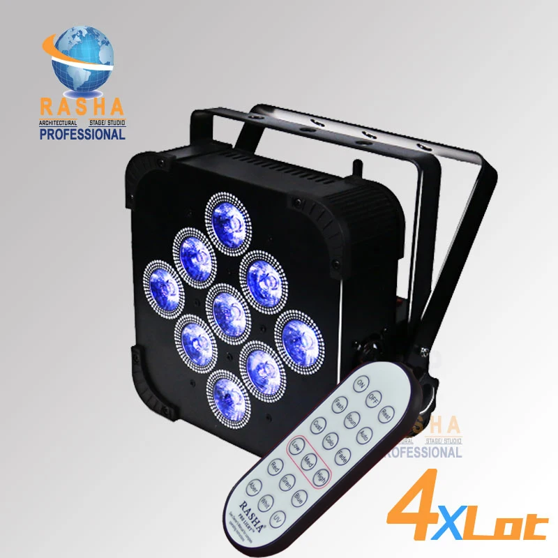 

4X LOT Rasha Penta 9*15W 5in1 RGBAW Battery Powered &Wireless LED Flat Par Can With IRC Wireless Remote Control For DJ Event