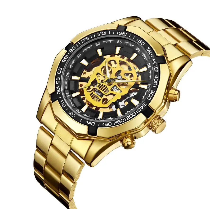 

Business Men Automatic Skull Mechanical Watch Solid Strap Multilateral Bezel Skeleton Dial 3D Design Fashion Wrist Watches