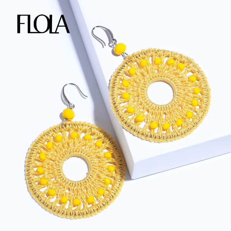 FLOLA Oorbellen Handmade Weaving Hollow Net Earrings Woman Crystal Beads Round Hanging Boho Ethnic Jewelry ersm92 | Украшения и