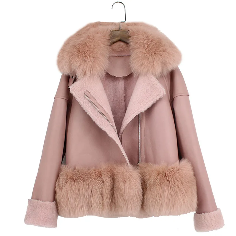 

Women Genuine Sheepskin Leather Jacket Coat With Natural Fox Fur Collar And Trim Plus Size Female Windbreaker Cloth lady jacket