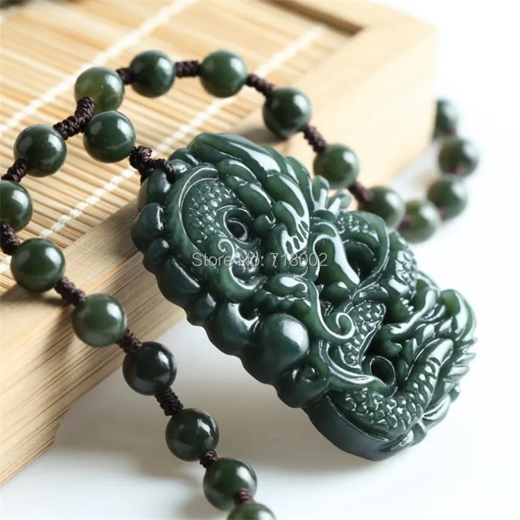 

Nature Bottle Green jade Carven Dragon Pendant Mala Bead Hanging Necklace Sapphire Amulet TALISMAN