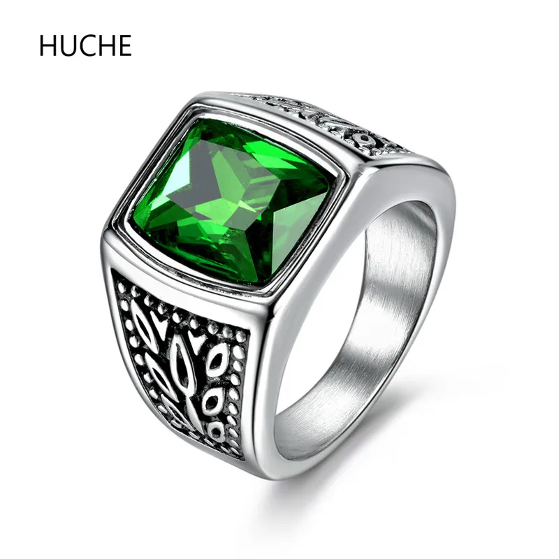 

HUCHE 2016 Hot Vintage Engraved Stainless Steel Men Ring Stone Rectangle Green/Ruby Red Fashion Biker Punk Rings Jewelry BR150