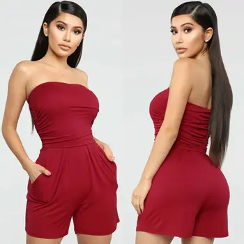 

Womens Off Shoulder Solid Pockets Sleeveless Holiday Mini Playsuit Ladies Jumpsuit Summer Beach Rompers Sunsuit