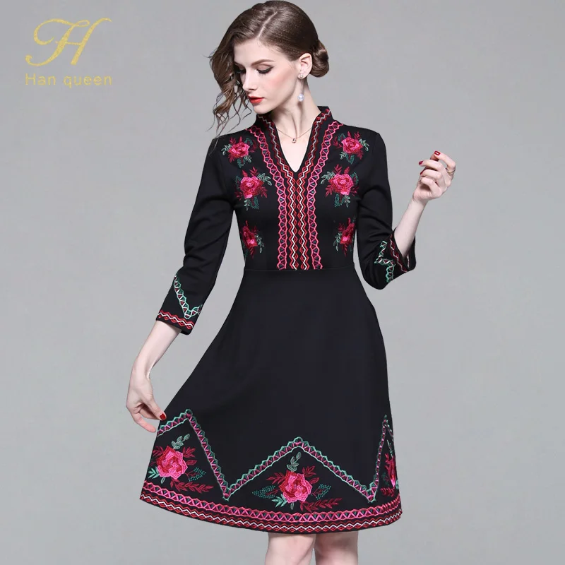 

H Han Queen 2019 Spring Vintage Bohemian Floral Embroidery Dress A-line Women Big Swing Dresses Casual Slim Office Vestidos